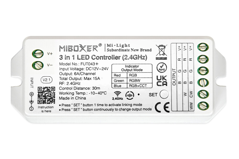 MiLight RGB/RGBWW/RGB+CCT LED Strip Controller  12-24V, 15A (los)