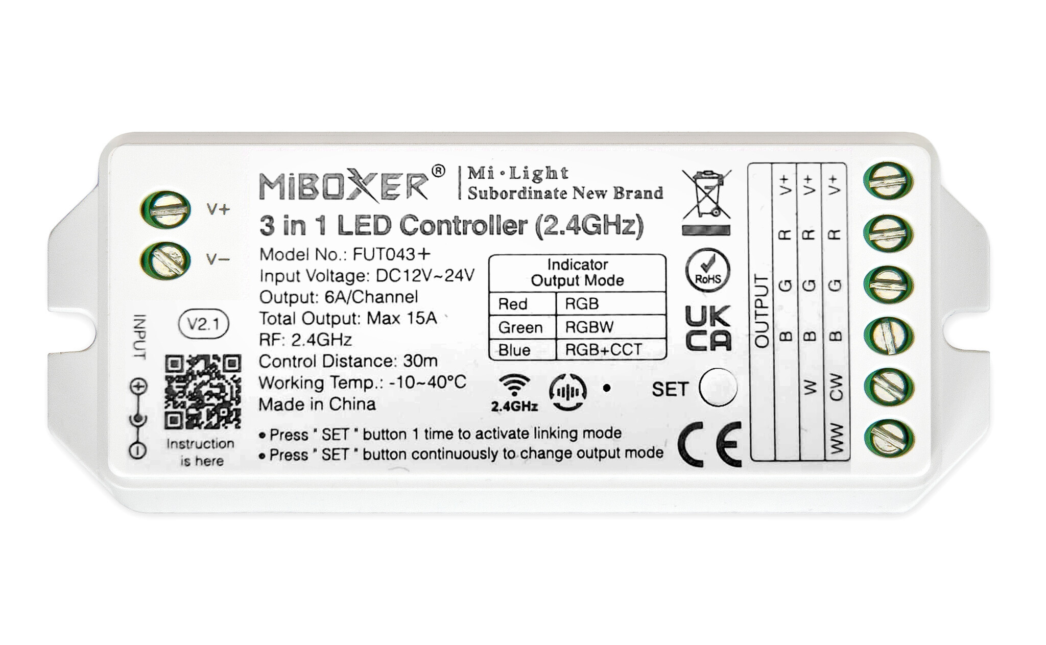 MiLight RGB/RGBWW/RGB+CCT LED Strip Controller  12-24V, 15A (los)