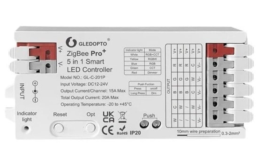 GLEDOPTO 20A Gledopto 5 in 1 SC/CCT/RGB/RGBW/RGBCCT Zigbee Pro Controller GL-C-201P | 12-24 Volt