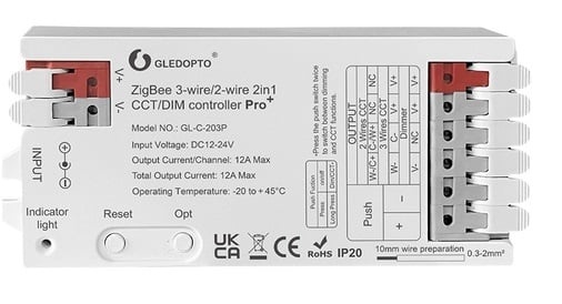 GLEDOPTO 12A Gledopto 2 in 1 Single Color/Dual White Zigbee Pro Controller GL-C-203P | 12-24 Volt
