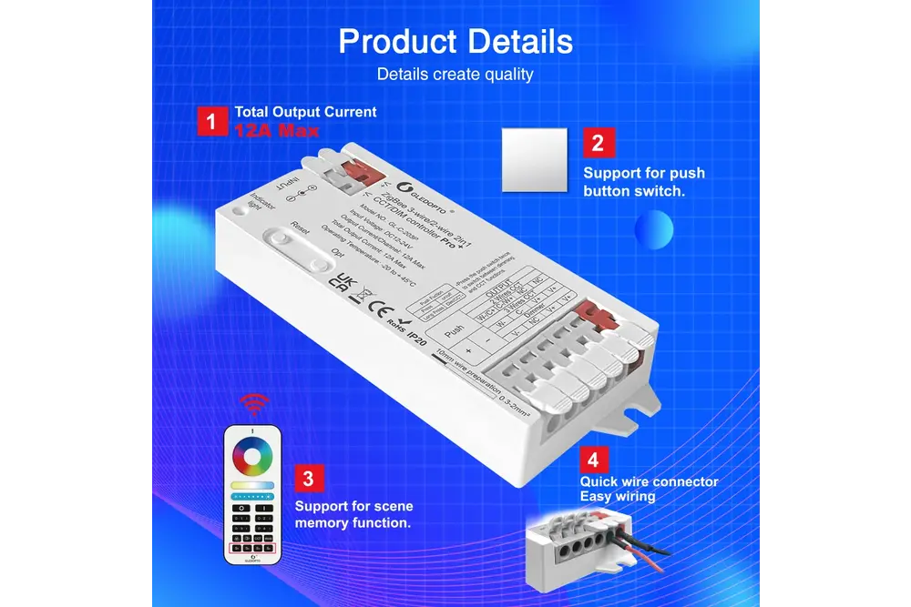 GLEDOPTO 12A Gledopto 2 in 1 Single Color/Dual White Zigbee Pro Controller GL-C-203P | 12-24 Volt