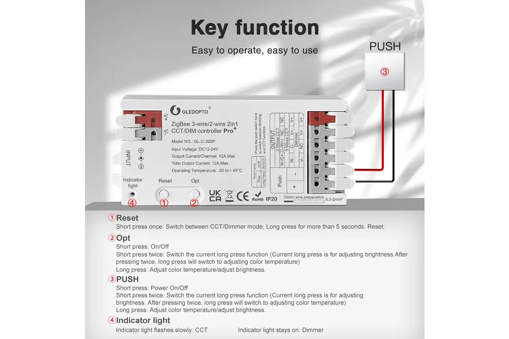 GLEDOPTO 12A Gledopto 2 in 1 Single Color/Dual White Zigbee Pro Controller GL-C-203P | 12-24 Volt