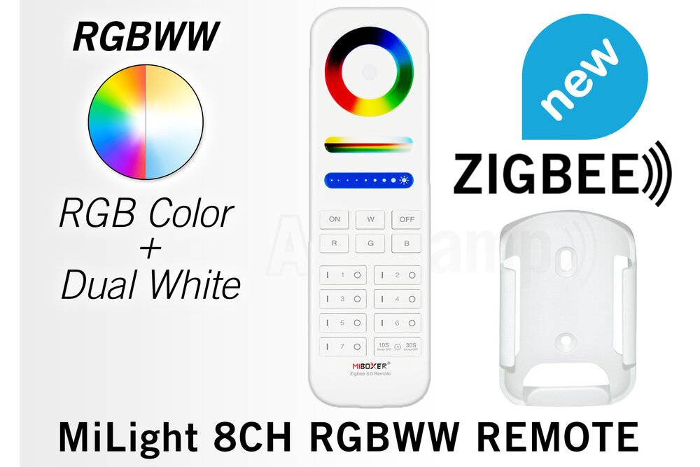 MiLight Zigbee 3.0 MiBoxer RGB+ DualWhite (RGB+CCT) hand afstandsbediening,  7-zones, 2xAAA