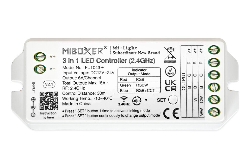 MiLight RGB/RGBWW /RGB+CCT 1-zone Controller *Nieuw* met RF afstandsbediening15 Ampère