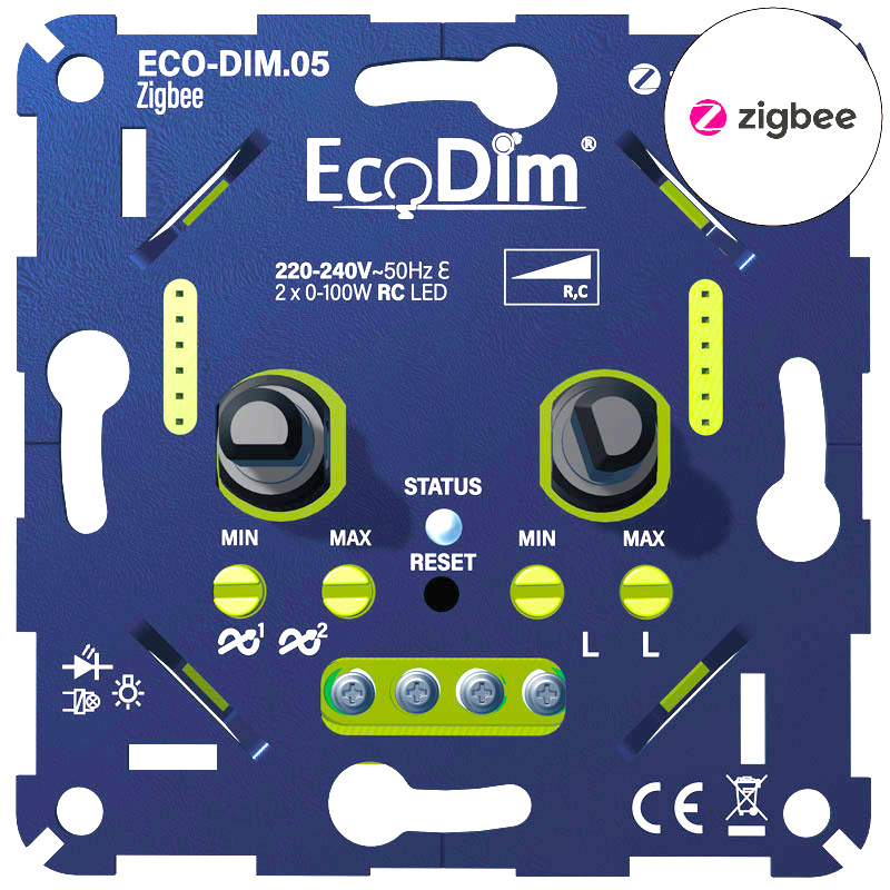 EcoDim Led dimmer duo 2x 0-100W fase afsnijding (RC) ECO-DIM.05 Zigbee