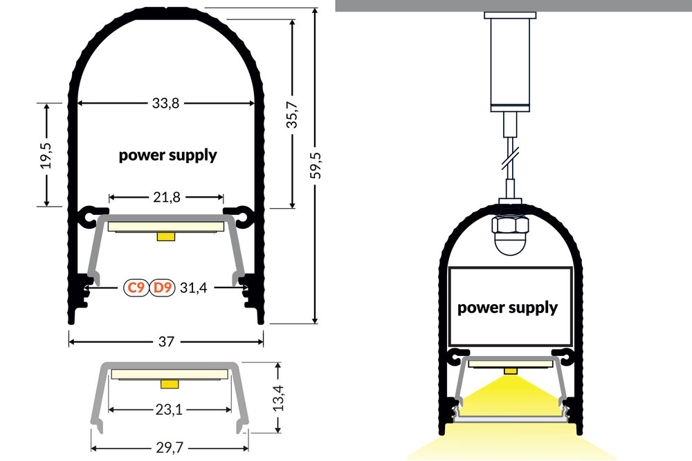 HALUX 23mm  hangend Led Profiel 1m-2m