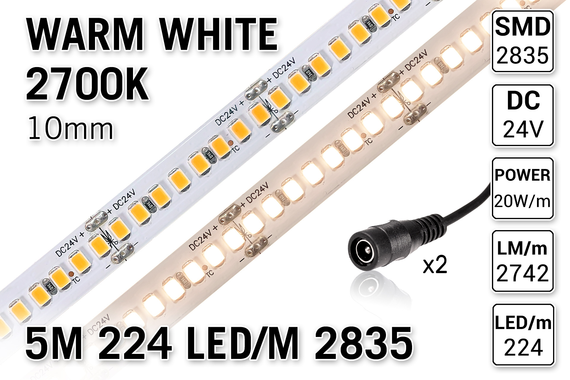 AppLamp ProLine PRO LINE Warm Wit Led Strip | 5m 224 Leds pm Type 2835 24V Losse Strip - Super bright - 2742 Lumen per meter