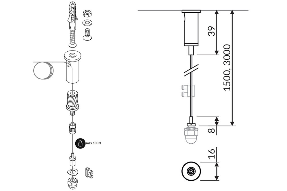 Staalkabel ophangsysteem - 1,5 of 3 meter lengte