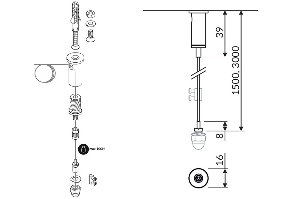 Staalkabel ophangsysteem - 1,5 of 3 meter lengte