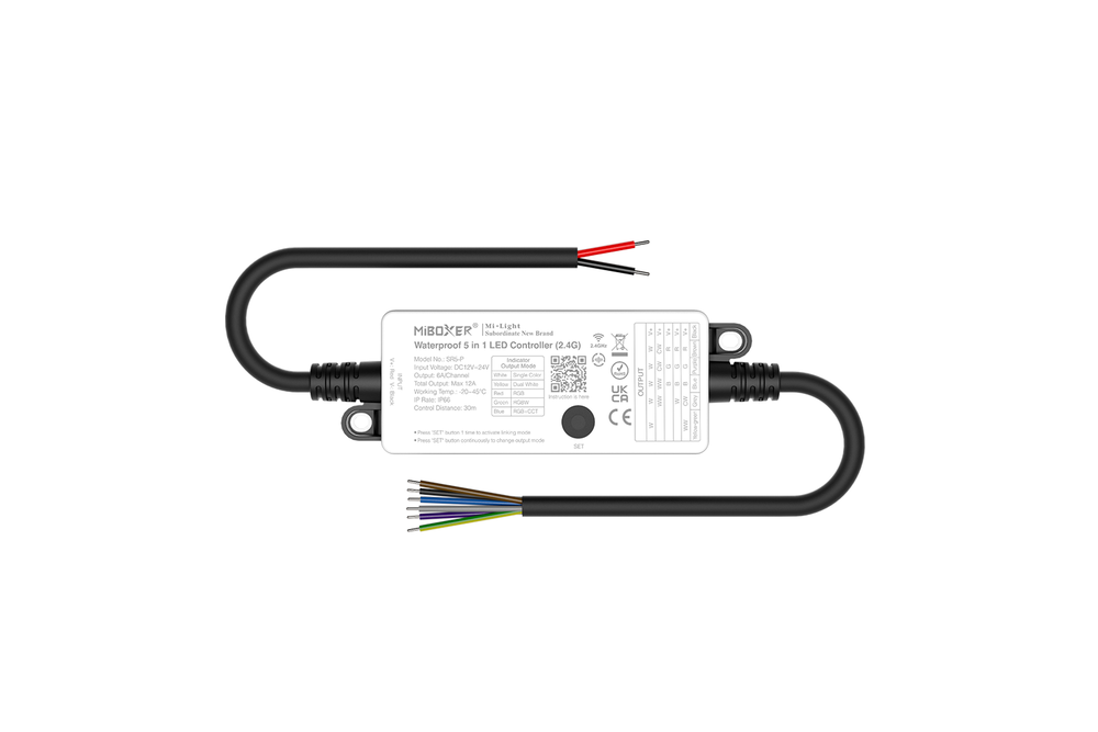 MiLight Waterbestendige 5 in 1 Enkelkleurige/DualWhite/RGB/RGBW/RGBCCT LED strip controller 12A, 12V-24V IP66