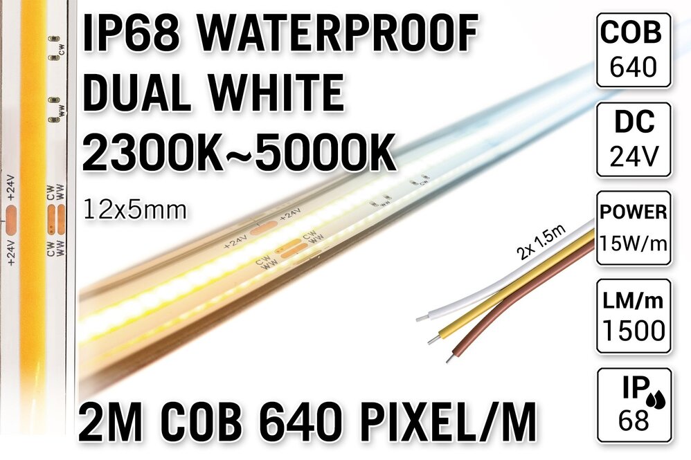 AppLamp ProLine 2m IP68 PRO LINE COB Dual Wit 2300K~5000K CCT Led Strip |  COB 640 Pixels pm 24V - Losse Strip