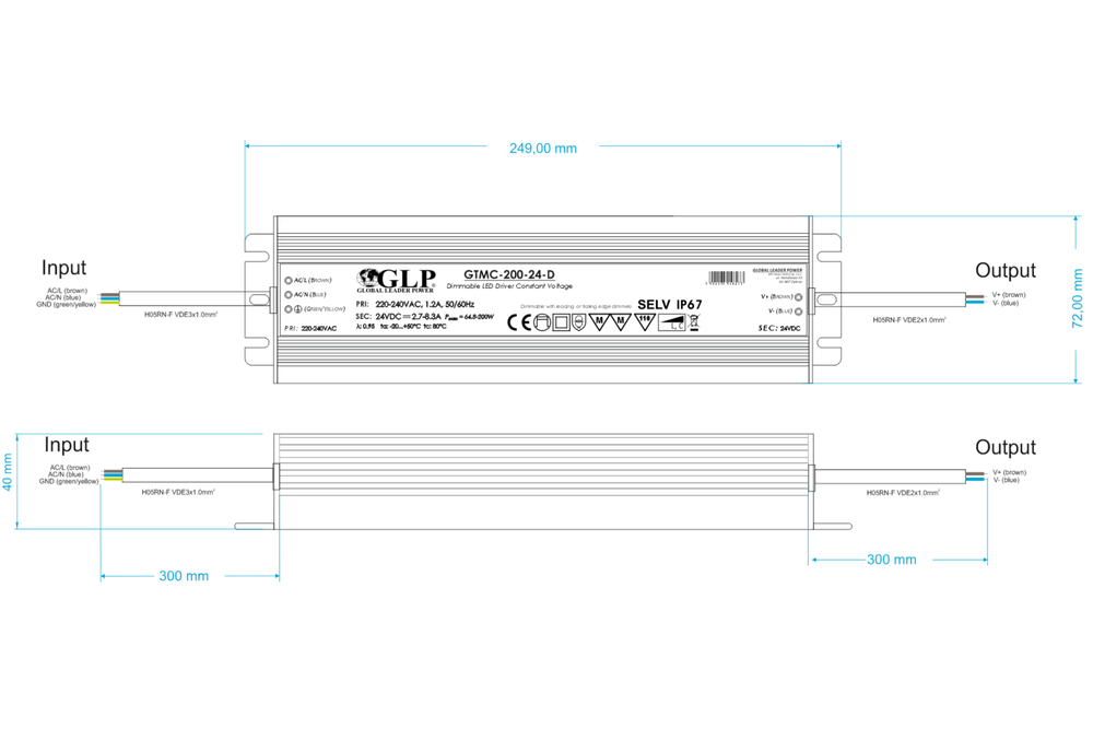 GLP Waterdichte IP67 Dimbare Voeding DC 24 Volt 200 Watt 8.3Ampère
