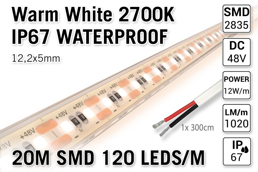 AppLamp 48V 2700K Warm Wit IP68 Waterdicht Led Strip | 20m 120 Leds pm Type 2835 Losse Strip
