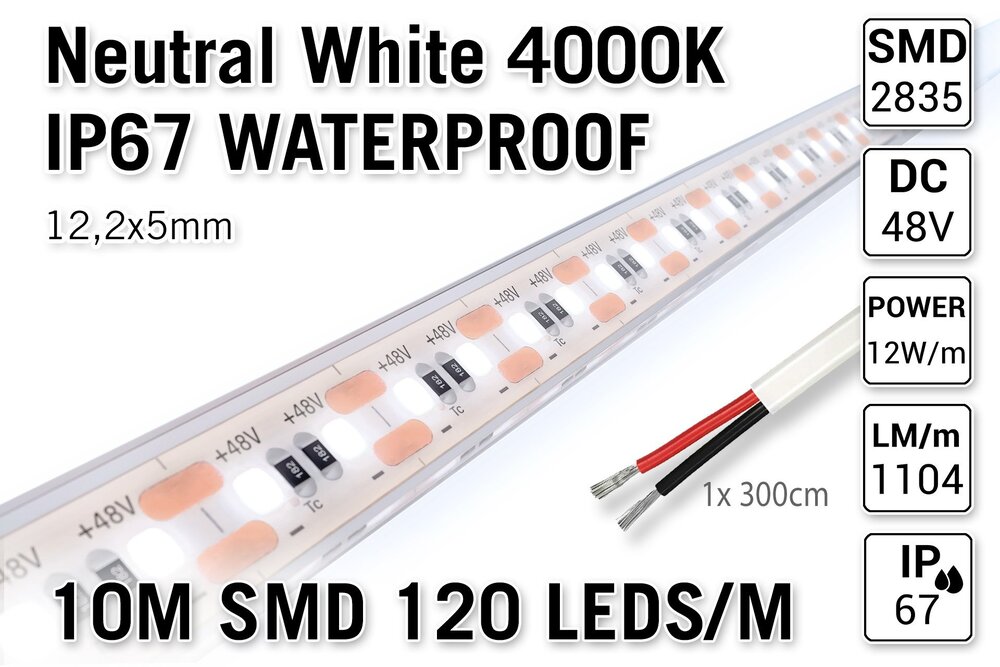 AppLamp 48V 4000K Neutraal Wit IP68 Waterdicht Led Strip | 10m 120 Leds pm Type 2835 Losse Strip