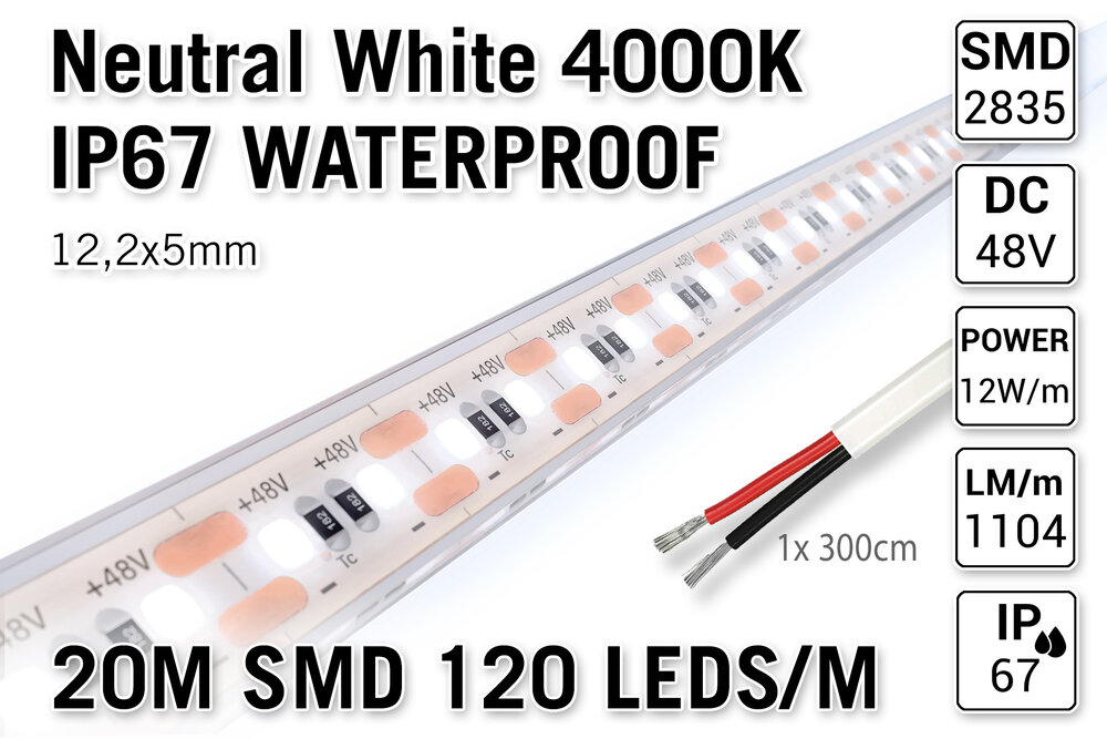AppLamp 48V 4000K Neutraal Wit IP68 Waterdicht Led Strip | 10m 120 Leds pm Type 2835 Losse Strip