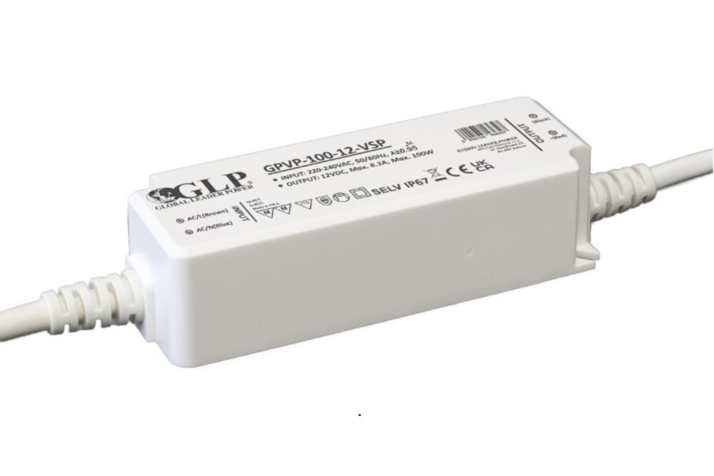 GLP Waterdichte Voeding DC 12V 100 Watt 8.3 Ampère  - Kunststof behuizing