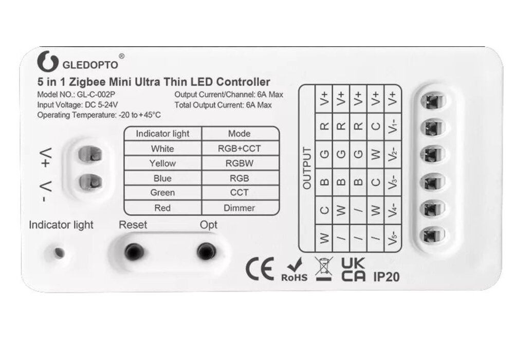 GLEDOPTO Mini Gledopto 5 in 1 SC/CCT/RGB/RGBW/RGBCCT Zigbee Pro Controller GL-C-201P | 6A | 5-24 Volt