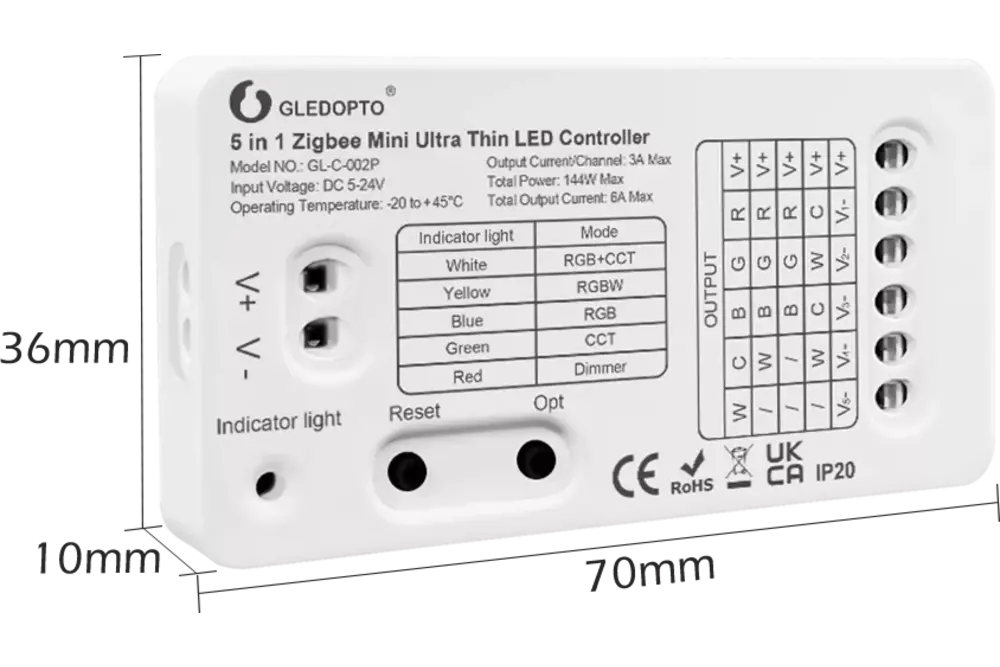 GLEDOPTO Mini Gledopto 5 in 1 SC/CCT/RGB/RGBW/RGBCCT Zigbee Pro Controller GL-C-201P | 6A | 5-24 Volt