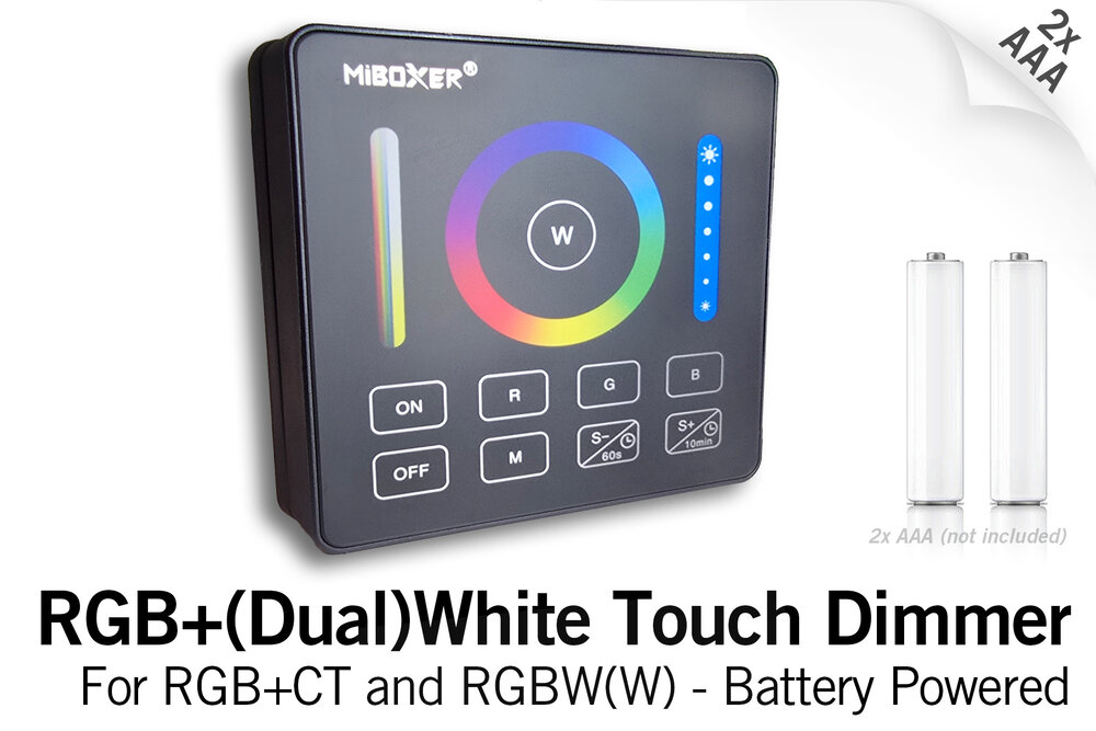 MiLight Zwarte RGB+ DualWhite (RGB+CT) Touch Wandbediening Opbouw, 1-Zone, RF, 2xAAA