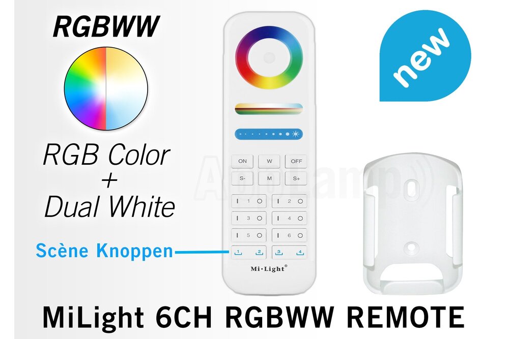 MiLight MiLight RGB+ DualWhite (RGB+CT) Touch  hand afstandsbediening,  6-zones, 4  scene knoppen, RF, 2xAAA