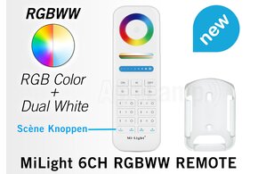 MiLight MiLight RGB+ DualWhite (RGB+CT) hand afstandsbediening,  6-zones, 4  scenes, RF, 2xAAA