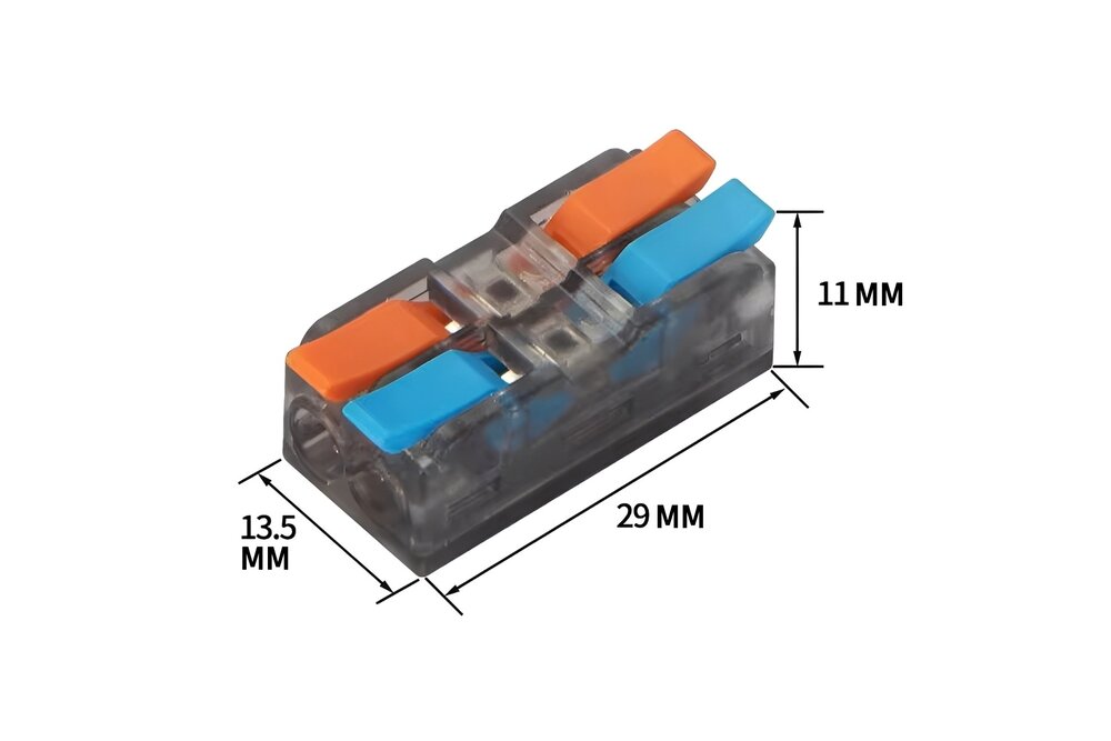 2 Pin INOUT Soldeervrije Wago Lasklem.  Geschikte draaddikte 0.5 t/m 4mm²