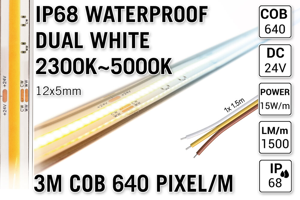 AppLamp ProLine 3m IP68 PRO LINE COB Dual Wit 2300K~5000K CCT Led Strip |  COB 640 Pixels pm 24V - Losse Strip
