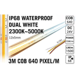AppLamp ProLine 3m IP68 PRO LINE COB Dual Wit 2300K~5000K CCT Led Strip |  COB 640 Pixels pm 24V - Losse Strip