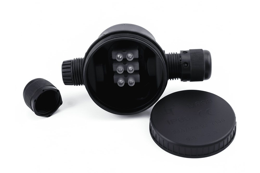Applamp 3-Pin IP66 Waterdichte Lasdoos – Kabelverbinding voor Binnen & Buiten. IP66 beschermd tegen vocht en krachtige waterstralen