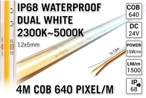 AppLamp ProLine 4m IP68 PRO LINE COB Dual Wit 2300K~5000K CCT Led Strip |  COB 640 Pixels pm 24V - Losse Strip