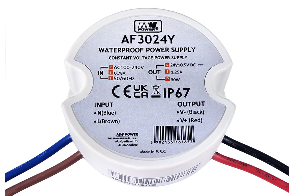 MWPower Waterdichte Voeding Mini Ø50mm - DC 24V 30 Watt 1.25A - IP67