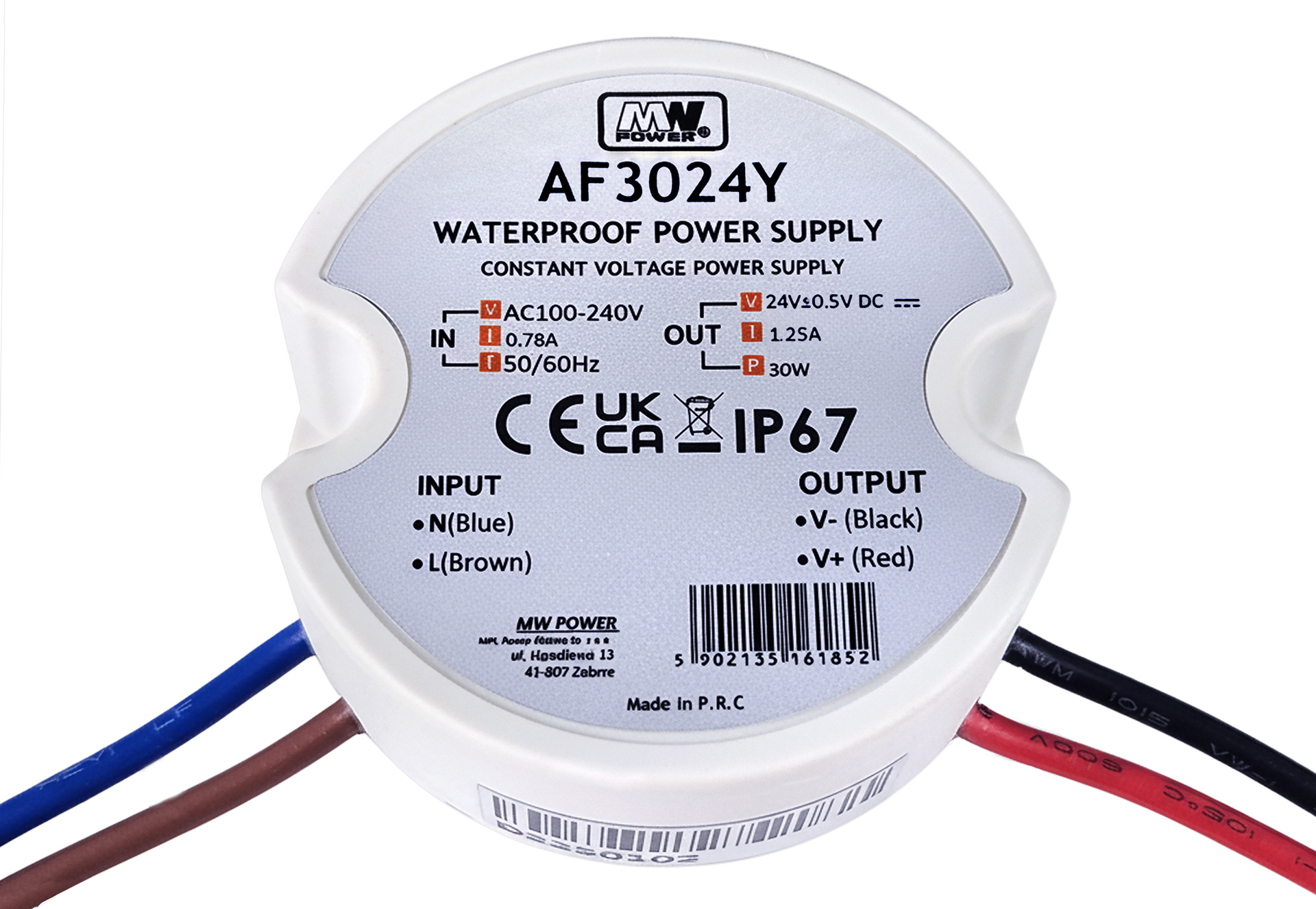 MWPower Waterdichte Voeding Mini Ø50mm - DC 24V 30 Watt 1.25A - IP67