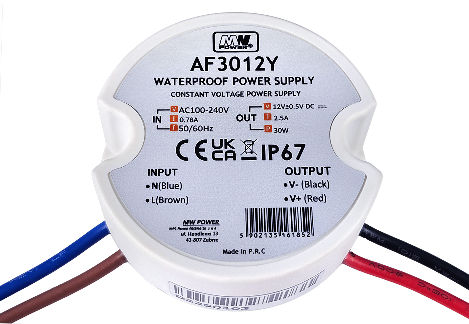 MWPower Waterdichte Voeding Mini Ø50mm - DC 12V 30 Watt 2.5A - IP67 1.25A - IP67