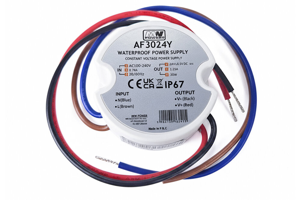 MWPower Waterdichte Voeding Mini Ø50mm - DC 24V 30 Watt 1.25A - IP67