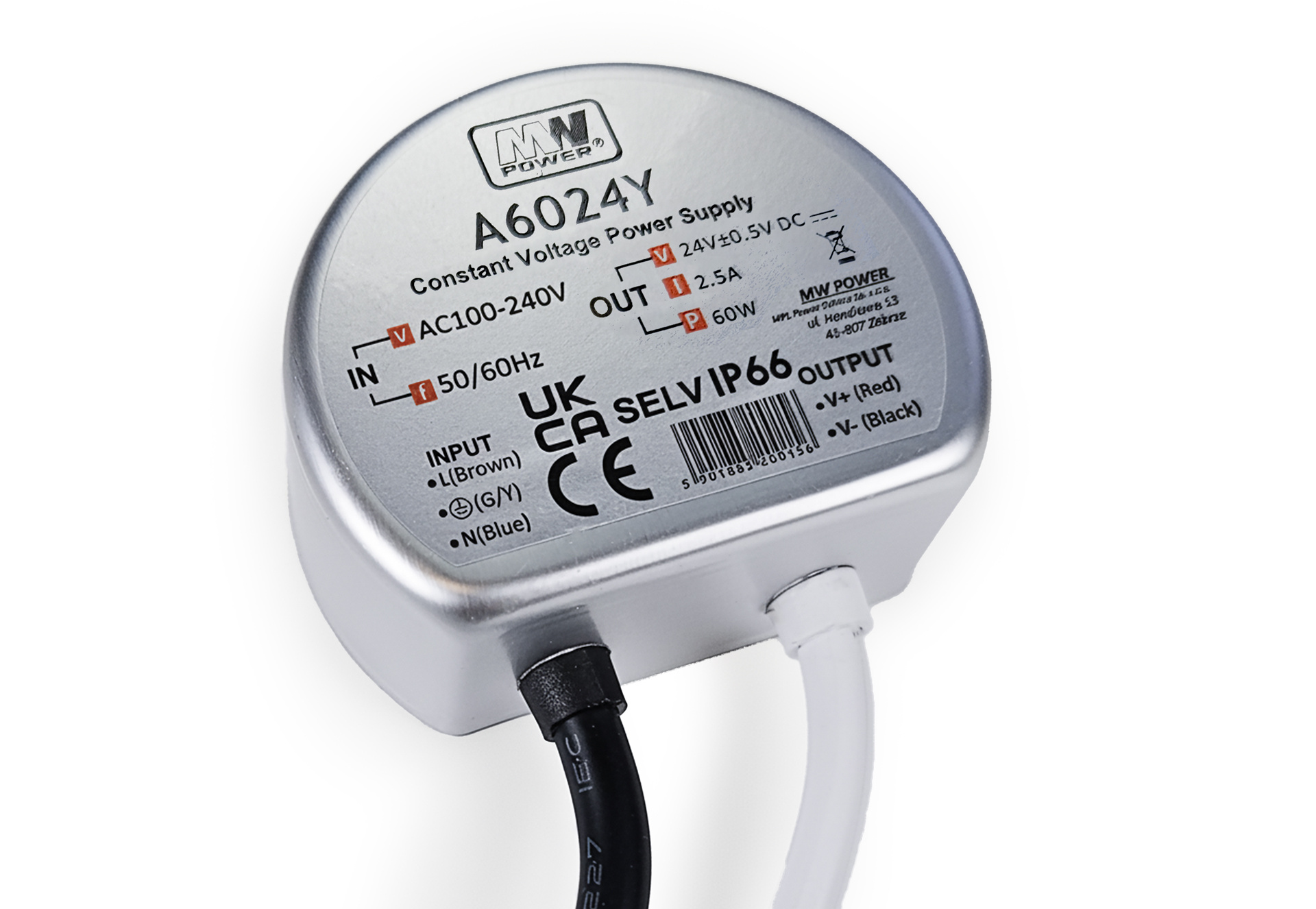 MWPower Mini Waterdichte Voeding ⌀58mm - DC 24V 60 Watt 2.5A - IP66