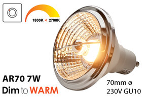 Dim2Warm 7W AR70 GU10 LED spot 2700K tot 1800K