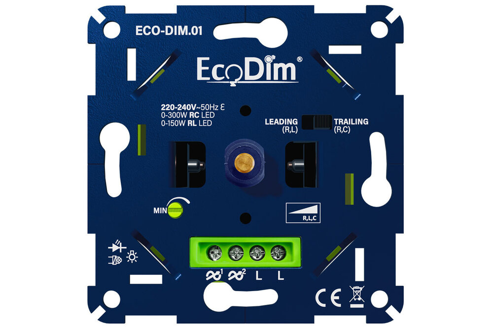 EcoDim ECO-DIM.01 Led dimmer universeel 0-300W (RLC) fase aan- en af snijding.