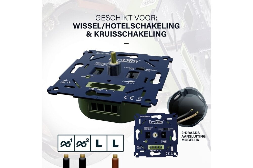 EcoDim ECO-DIM.01 Led dimmer universeel 0-300W (RLC) fase aan- en af snijding.