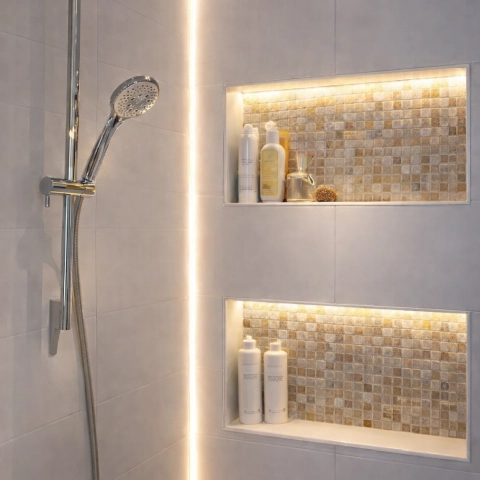 LED-verlichting in een badkamer-nis. Betegeld of Opbouw met toepassing van Waterdichte Ledstrips
