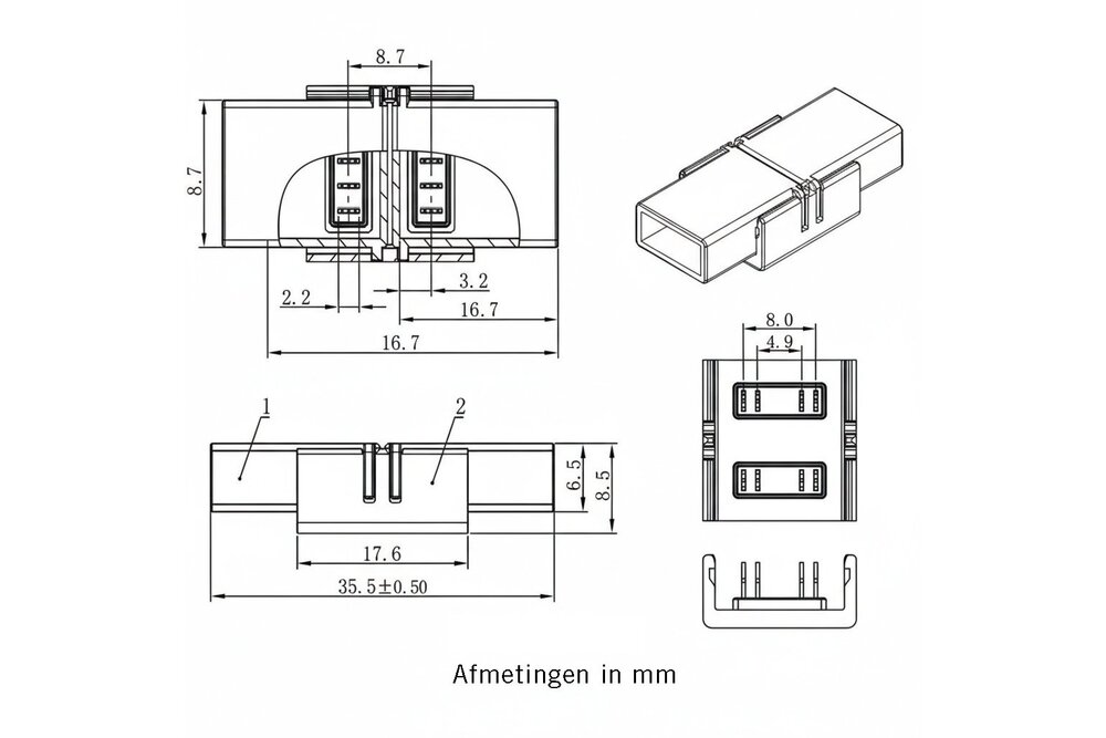 IP68 Waterdichte COB LED koppelstuk voor Dual White of RGB COB ledstrips, soldeervrij. Voor 10-12mm ledstrips