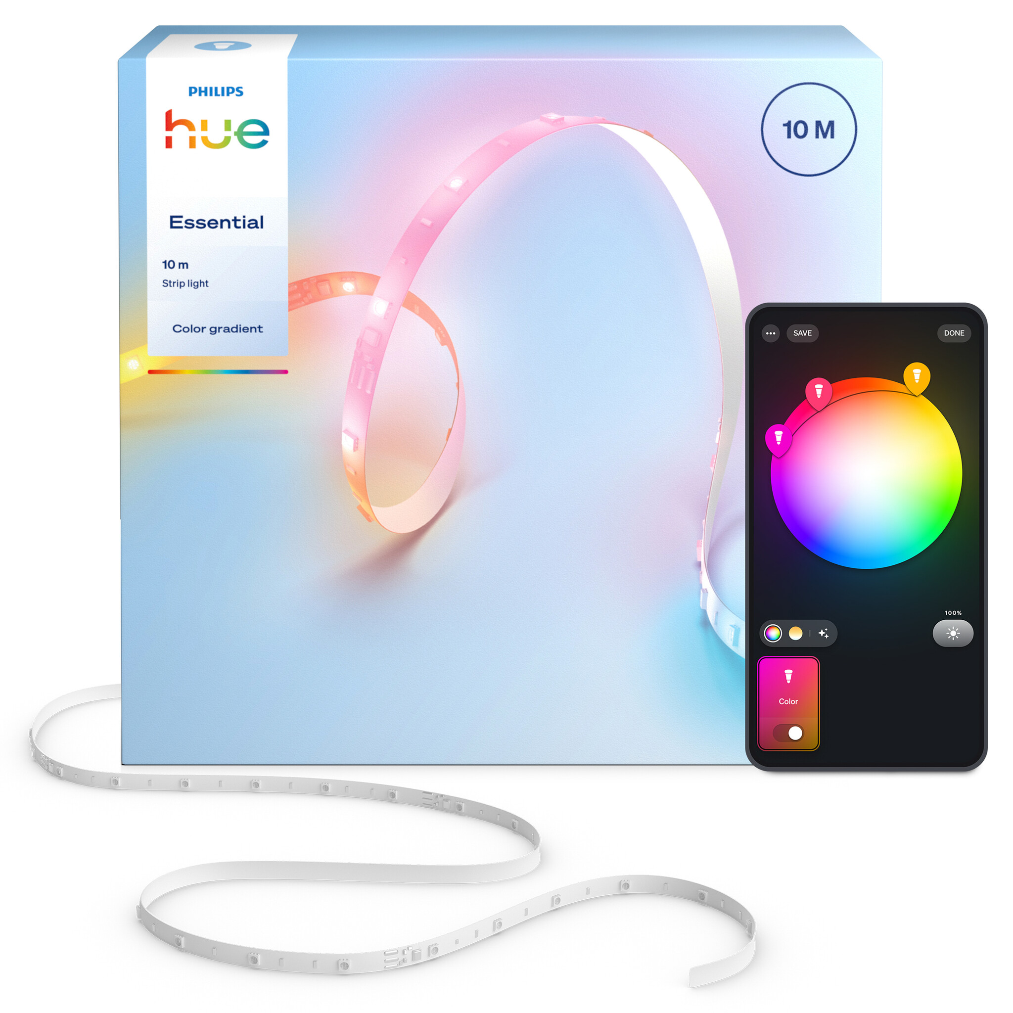 Philips Hue Essential Philips Hue Essential LED Strip - 10m - Gekleurd licht - Dimbaar - Knip op maat- Bediening via onze app of met je stem | 27.2 Watt