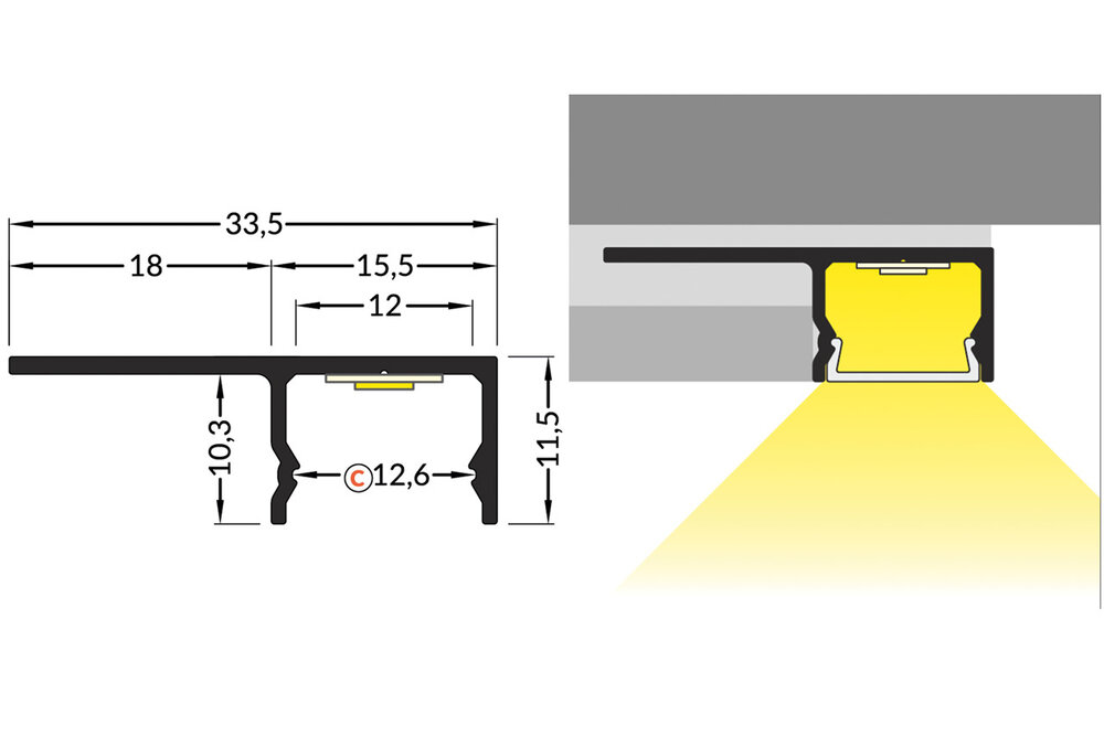 EDGE TS180 12mm Zwart verzonken Led Profiel voor tegels en stucwerk