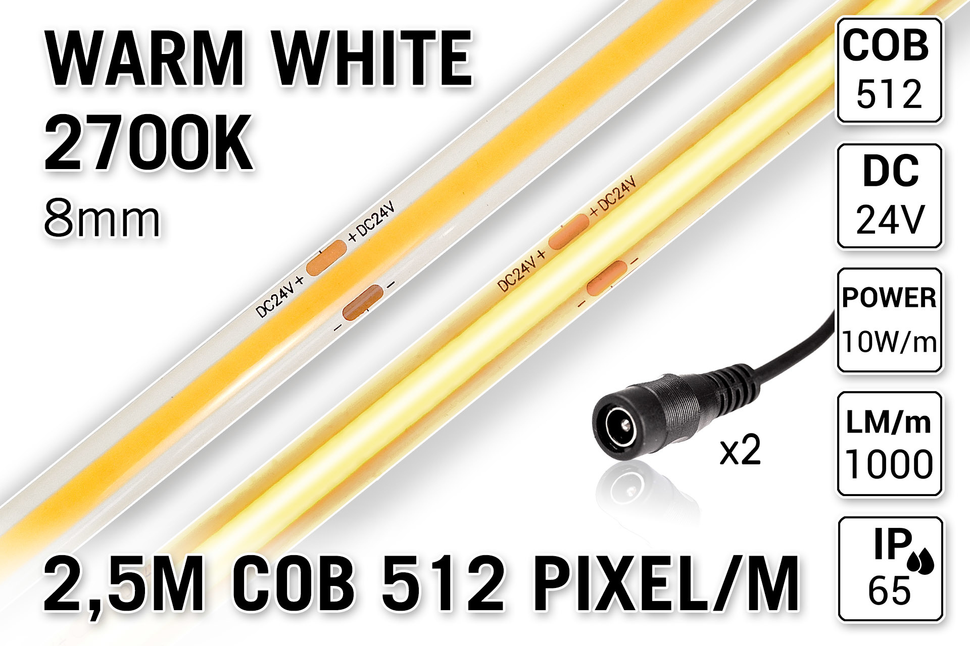 AppLamp COB LED Strip 24V Warm Wit 2700K – 2.5 Meter | 1000 lm/m | CRI >90 | IP65 Spatwaterdicht