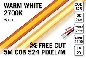 AppLamp Free Cut COB 2700K Warm Wit Led Strip | 5m 13W pm  24V | 528 pixels pm - Losse Strip