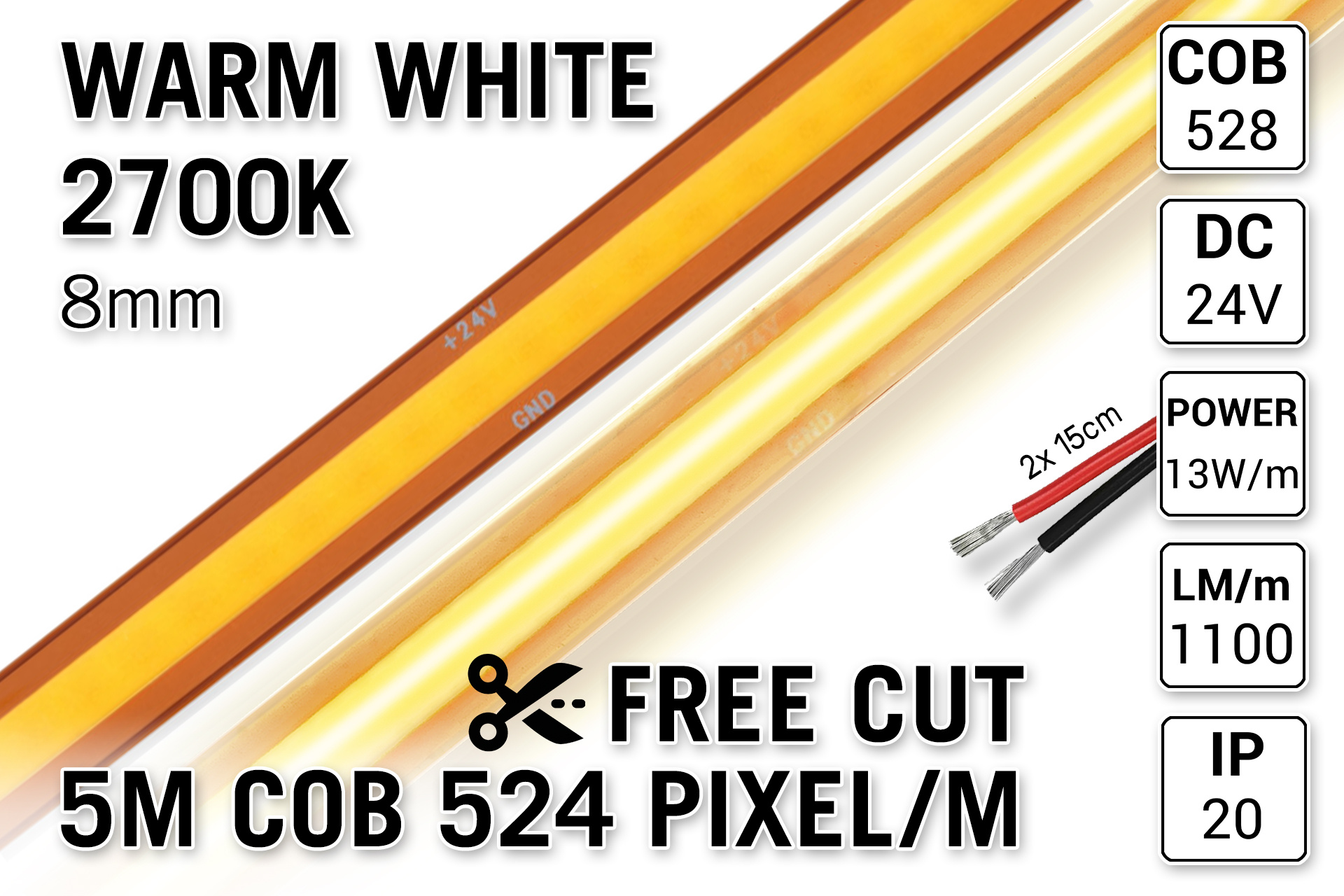 AppLamp Vrij Knipbare Pro Line COB 2700K Warm Wit Led Strip | 5m 13W pm  24V | 528 pixels pm - Losse Strip