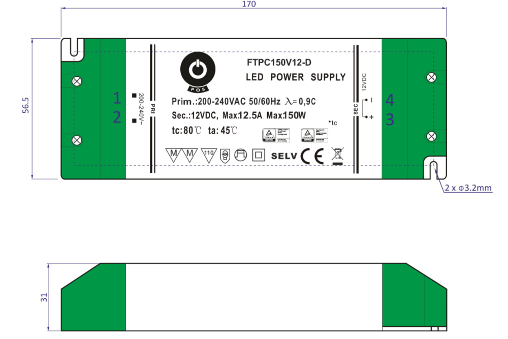 POS-POWER Compacte Dimbare Voeding DC 12Volt 132W 11A