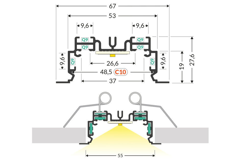 LUMAX501 RS 53mm verzonken Led Profiel 1m-2m