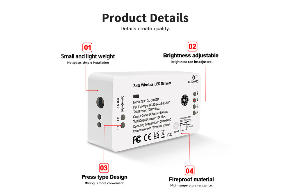 Enkelkleurige Gledopto GL-C-009P Zigbee Dimmer Controller | 12-54 Volt 270 Watt