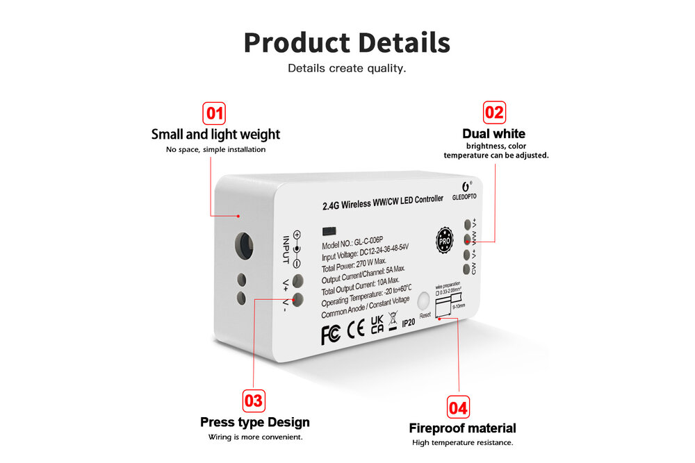 Dual White Gledopto GL-C-006P Zigbee Controller | 12-54 Volt 270W