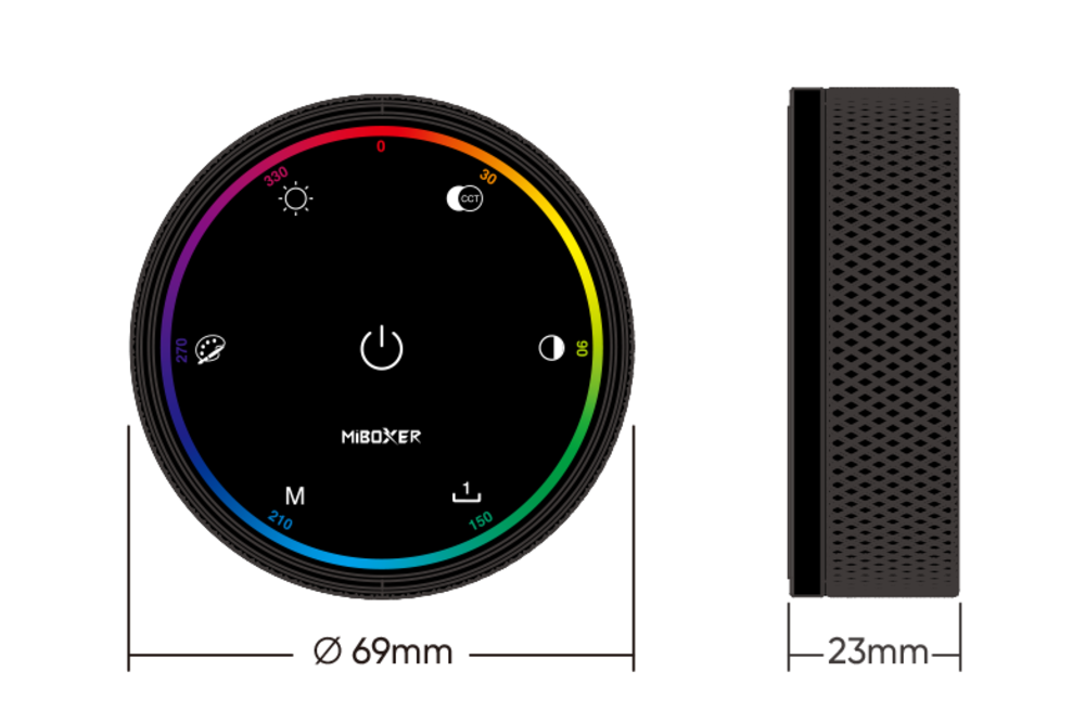 MiLight MiBoxer K6 2.4G RF RGB/RGBW/RGB+CCT Draai/Knop Afstandsbediening met Kleurenring, Kleurtemperatuur & DimfunctieAAA Batterijen